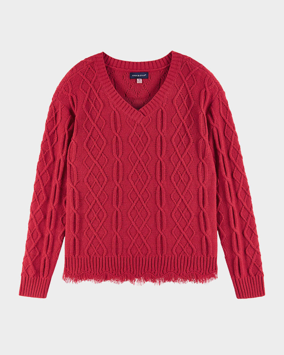 Girl's Cable Knit V-Neck Sweater W/Frayed Edges, Size 7-16